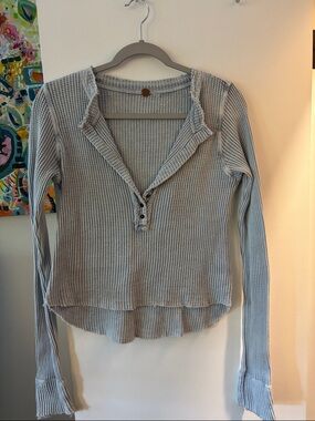 Free People Waffle-Knit Long Sleeve Henley Top - Light Blue Size L